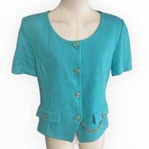 ST. JOHN Turquoise Teal Button Down Short Sleeve Blazer Jacket Top Work Size 10